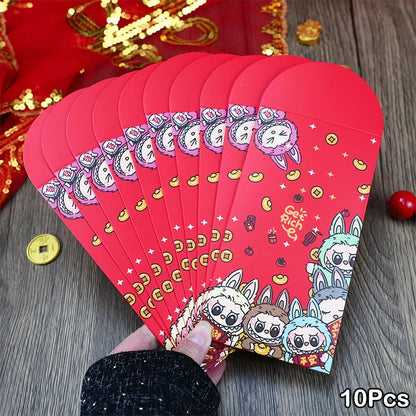 10pcs Labubu Chinese New Year Red Packets - Cute Animated Spring Festival Envelopes for Kids' Lucky Money & Wedding Gifts