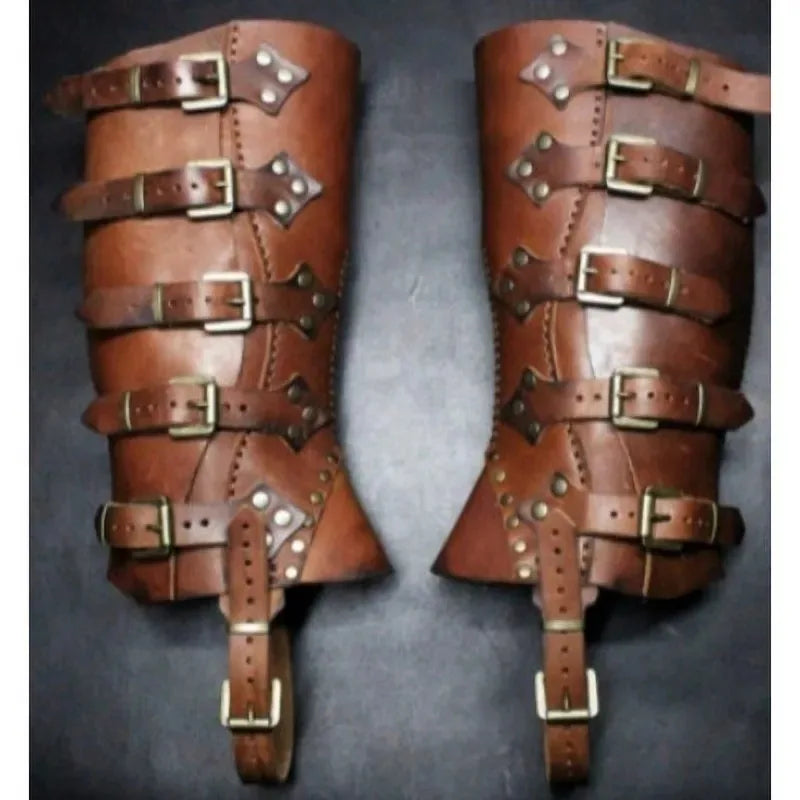Medieval Knight Warrior Shin Guards, Leather Strap Armor Gaiters & Boot Covers, Renaissance LARP Costume Greaves & Spats Accessories