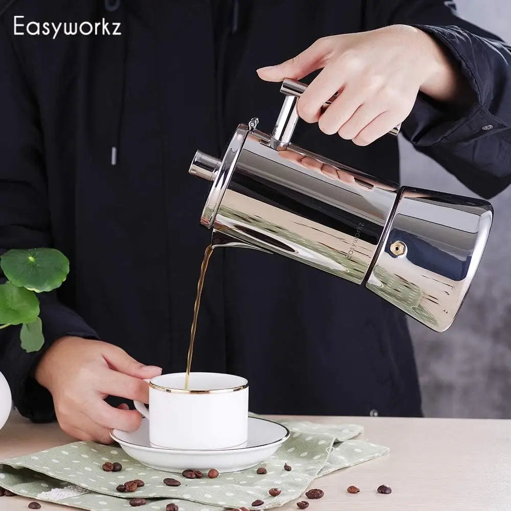 Easyworkz Diego 4-Cup Stovetop Espresso Maker — Stainless Steel Italian Moka Pot, 6.8 oz Induction Coffee Machine