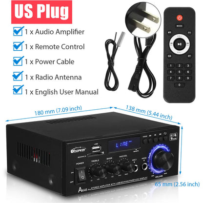 Woopker AK Series Digital Bluetooth Amplifier – 2 Channel HiFi Audio Amp with FM & USB for Home, Car & Karaoke