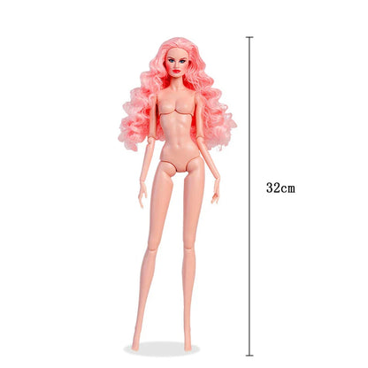32cm BJD European Fashion Doll — 1/6 Pink Body & Hair with Cute Gown, Daily Outfit DIY Toy for Girls Birthday Gift