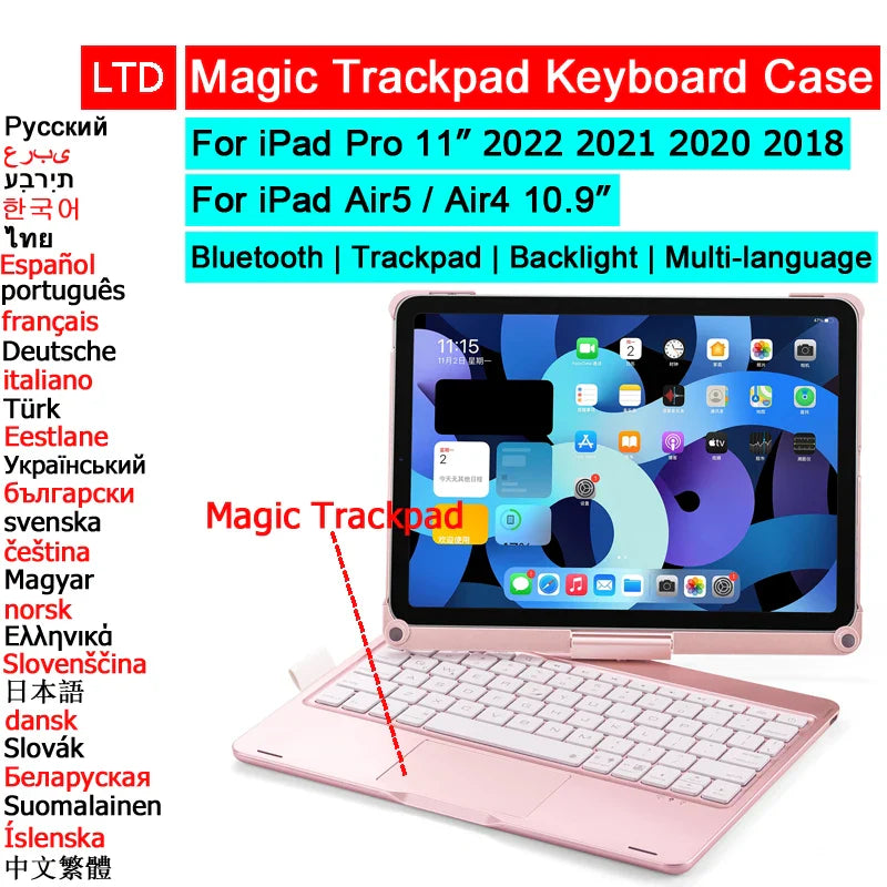 Bluetooth Magic Keyboard Case for iPad — Multi-Language (Arabic, Spanish, French, German) for iPad Pro 11 (2018–2022), Air 4/5, 10.9-inch