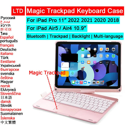 Bluetooth Magic Keyboard Case for iPad — Multi-Language (Arabic, Spanish, French, German) for iPad Pro 11 (2018–2022), Air 4/5, 10.9-inch