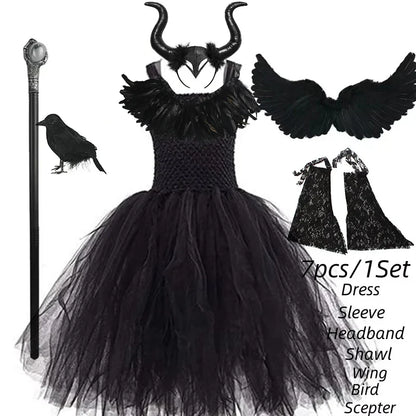 Girls’ Evil Queen Tutu Dress - Handmade Black Mesh Princess Halloween Cosplay Costume