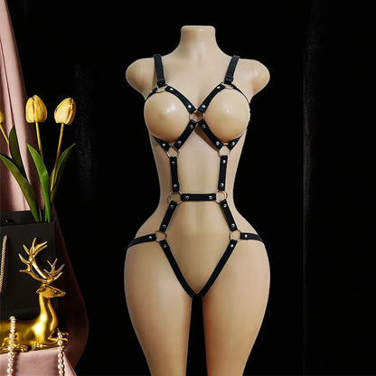 Women Black PU Leather Punk Lace-Up Bodysuit – Adjustable One-Piece Tight-Fit Fashion Harness Accessory