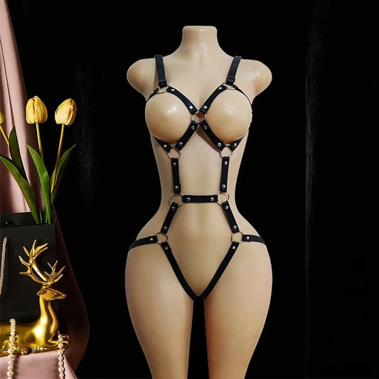 Women Black PU Leather Punk Lace-Up Bodysuit – Adjustable One-Piece Tight-Fit Fashion Harness Accessory