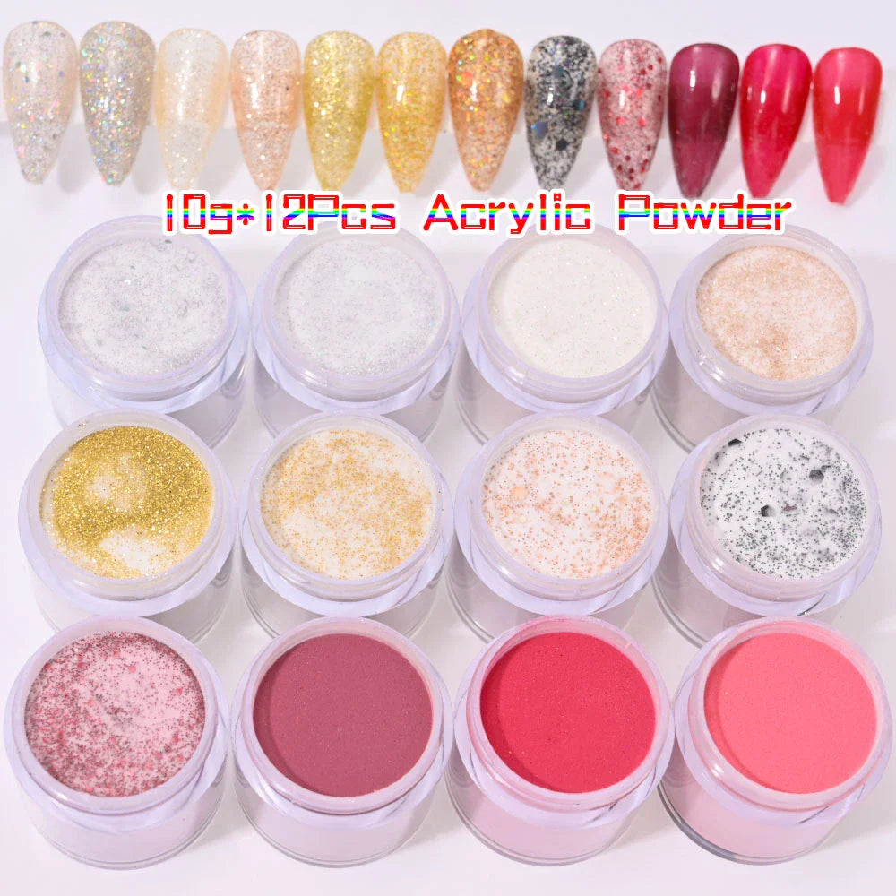 12-Color Nude Pink 3-in-1 Professional Acrylic Powder Set - 12 Jars for Dip & Acrylic Nail Extensions, Structure & Dust, 10g Each