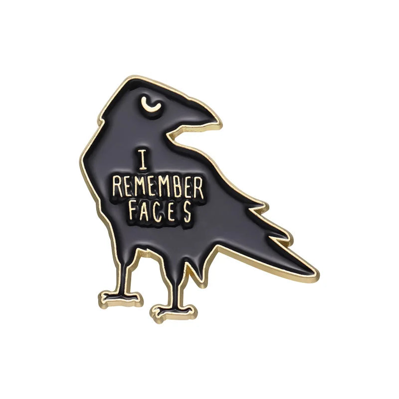 I Remember Faces Black Crow Enamel Pin – Animal Bird Metal Lapel Brooch for Backpacks & Jewelry Accessories