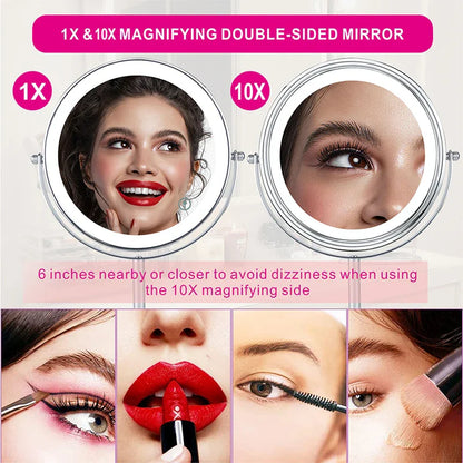 8 Inch 10X Magnifying LED Makeup Mirror - Double-Sided with 3 Color Light Touch Switch, USB Charging, Desktop Vanity Cosmetic Mirror