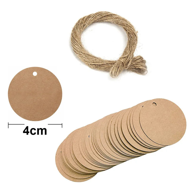 100PCS Hemp Rope & 20m Gilded Hanging Tags – Cowhide Black & White Cardboard Blank DIY Heart & Circle Labels