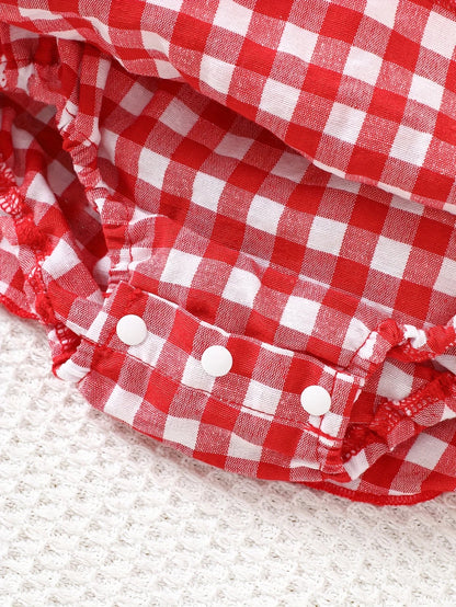 Baby Girl Strawberry Gingham Smocked Romper Dress – Tie-Strap Summer One-Piece with Stretchy Bodice & Layered Skirt