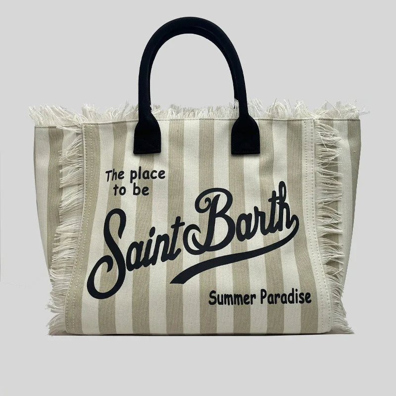 Saint Barth Large Capacity Women's Beach Handbag – European & American Style, Deep Blue Striped Tassel Tote