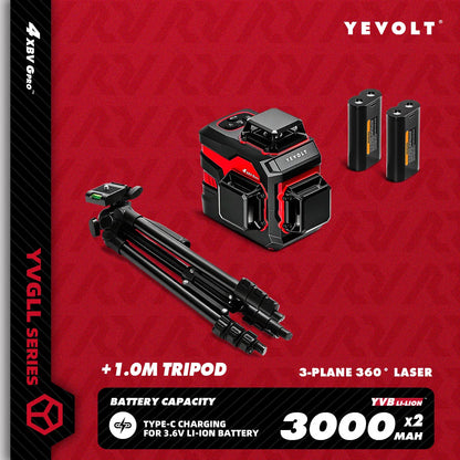 YEVOLT YVGLL4XS12 12-Line Green Laser Level – ±0.2mm/m Precision, IP54 Waterproof, Auto-Leveling with Slope Mode