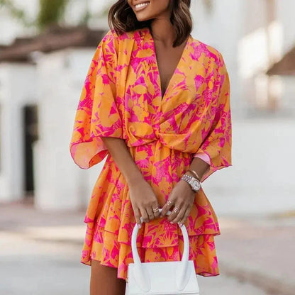 Women’s Sexy V-Neck Ruffle Mini Dress – Summer Boho Floral Batwing Sleeve Beach Party Dress