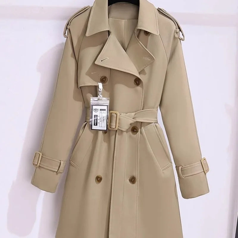 Women’s Trendy Trench Coat – Spring Autumn Slim Mid-Length Double-Breasted Belted Windbreaker
