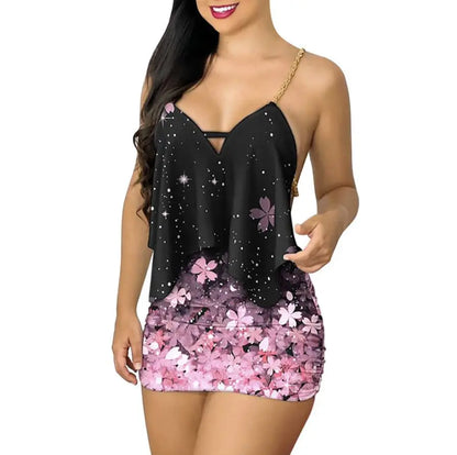 Women’s Summer 2024 Floral Mini Dress – Asymmetrical Chain Strap, Sexy Backless V-Neck Sleeveless Bodycon Dress Set