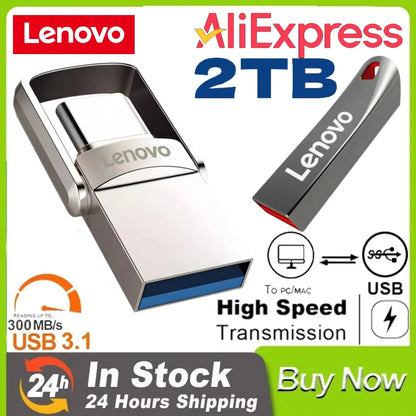 Original Lenovo 2TB USB 3.1 Pendrive – Metal 2-in-1 OTG Flash Drive for Phone & Computer (128GB, 512GB, 1TB, 2TB)