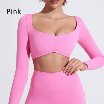 DIAS FIT JOY Women’s Nylon Gym Top – Long-Sleeve Pleated Yoga & Sports T-Shirt, Waist-Fitting Activewear