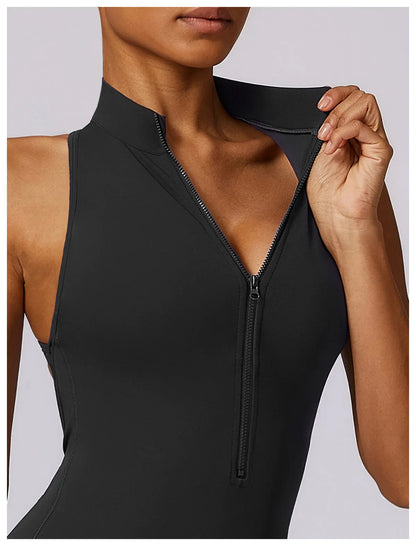 Women’s V-Back One-Piece Sports Jumpsuit — Sleeveless Yoga Romper with Zipper Workout Bodysuit
