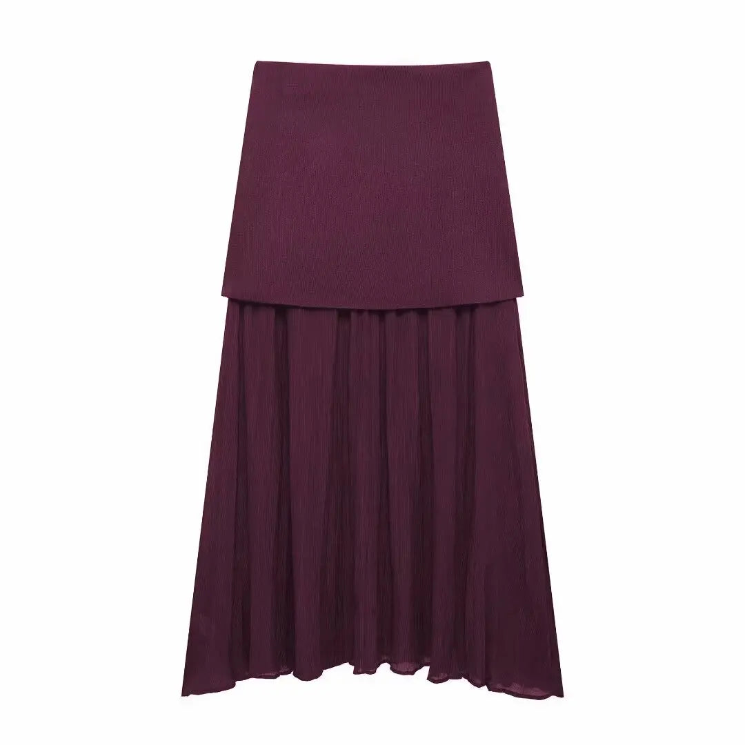 TRAFZA 2025 Women’s Wine Red Skirt Set – Knitted V-Neck Vest with High Waist Zipper Patchwork Long Skirt