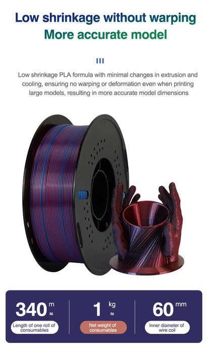Tri-Color Dual-Color Silk Rainbow PLA Filament 1.75mm – Accurate +/-0.03mm, Compatible with Most FDM 3D Printers