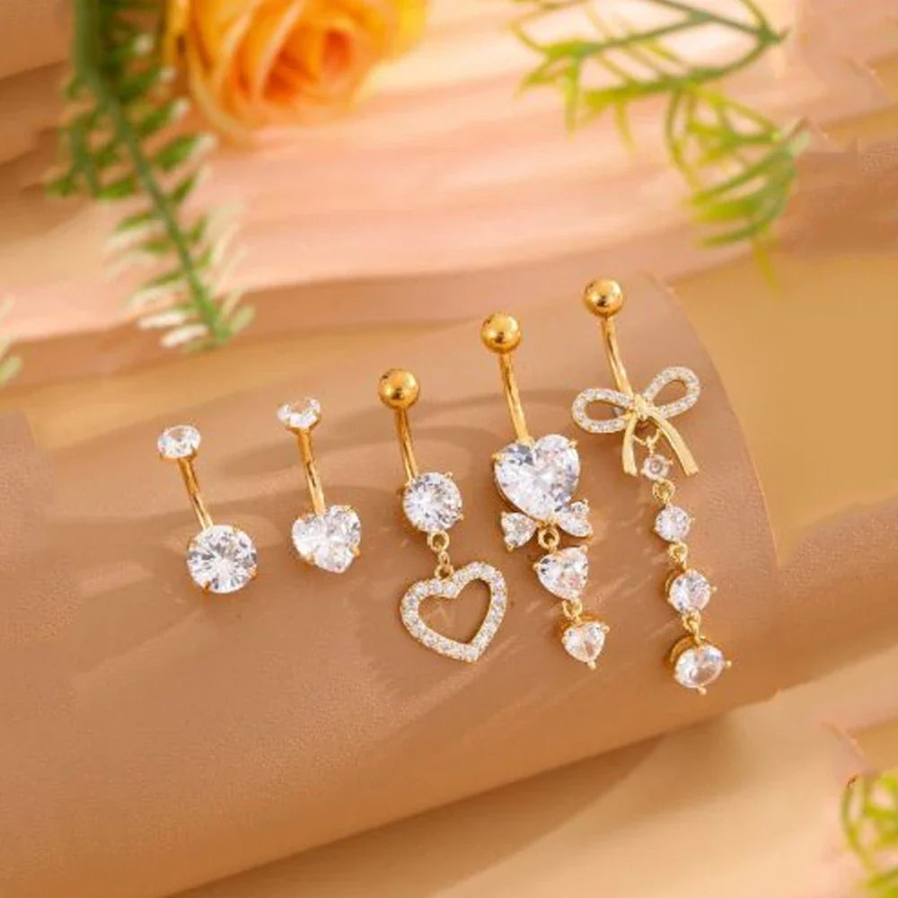 5PCS Belly Button Ring Set – 14G Curved Navel Piercing with Butterfly & Heart Charms, Body Jewelry for Women & Girls