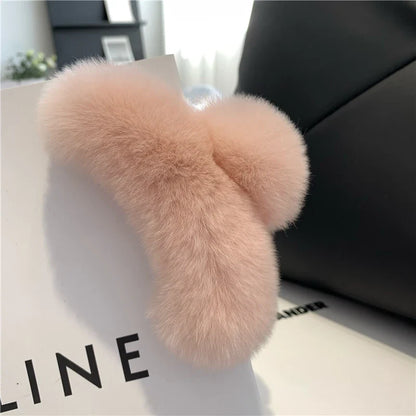 Winter Fuzzy Hair Claw for Women – Warm Fluffy Natural Rex Rabbit Fur Hair Clip, Elegant Fashion Party Accessory