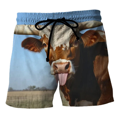 Funny Cow Print Beach Shorts - Men’s 3D Animal Print Summer Swim Trunks