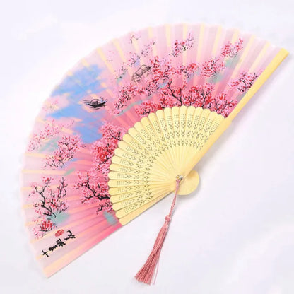 Bamboo Folding Fan with Silk — Chinese & Japanese Style Handheld Fan, Antique Art Craft for Summer Dance, Home Decor & Party