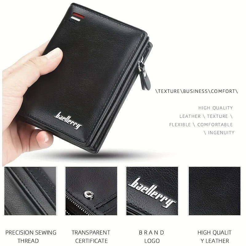 Men’s PU Leather Short Wallet – Vintage Zipper Coin Pocket, Large Capacity Money & Card Holder