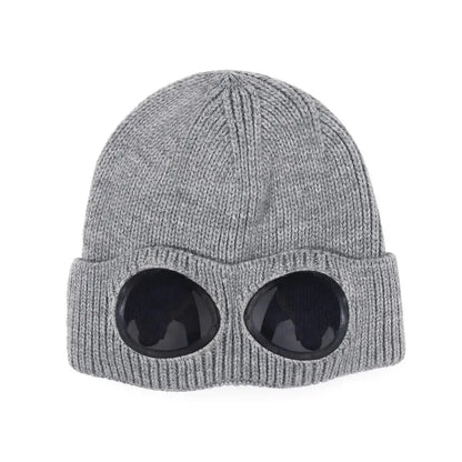 Winter Brimless Hat with Goggles: Unisex Solid Color Skull Knitted Headwear for Cold Weather
