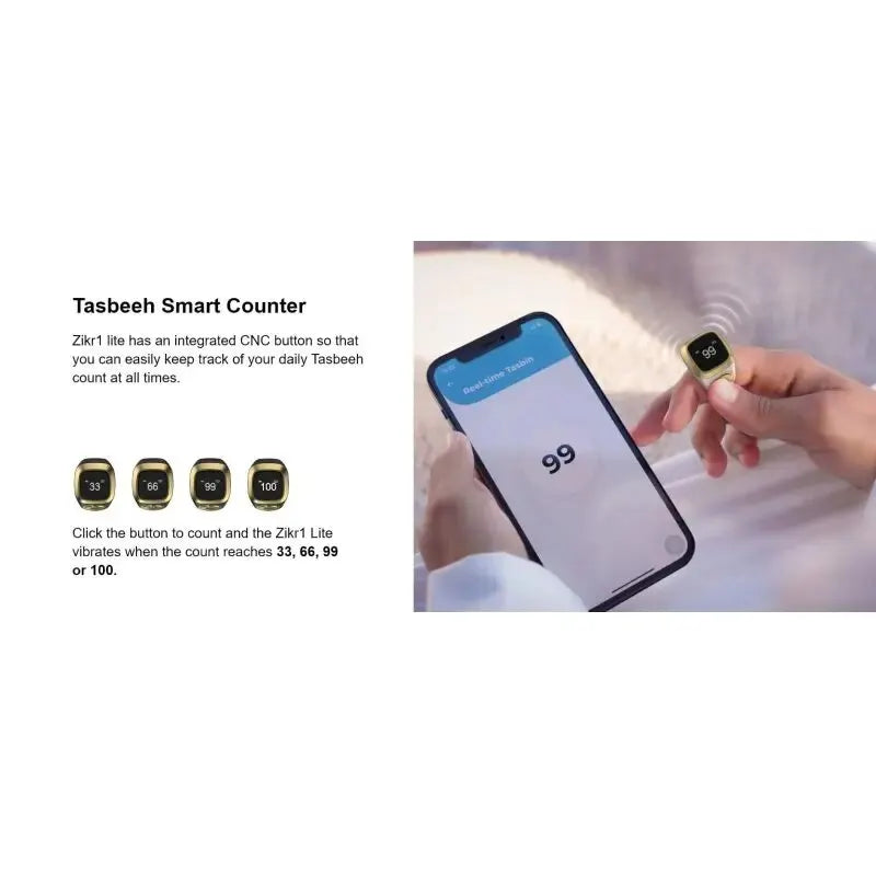 Iqibla Smart Tasbih Tally Counter - Digital Zikr Ring for Muslims, 5 Prayer Time Vibration Reminder, Waterproof