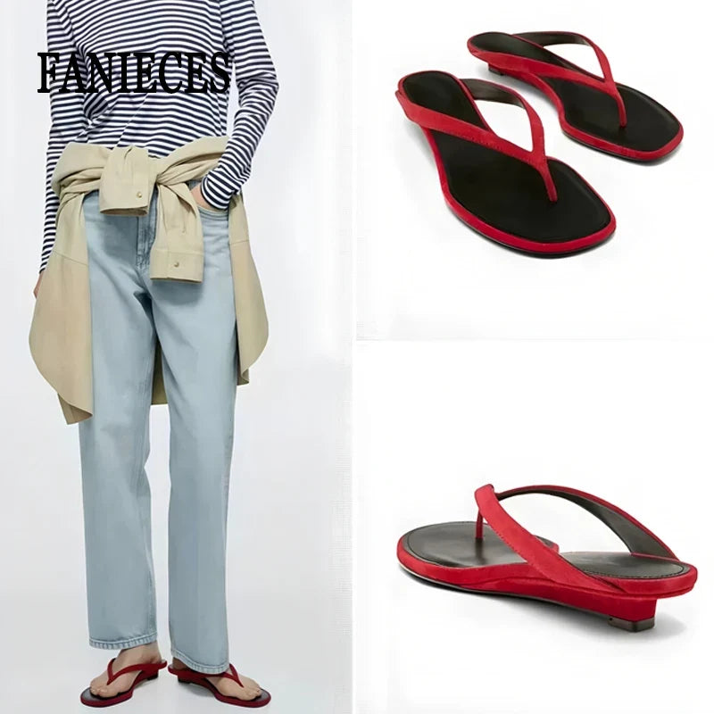 Women's Red Square-Toe Flip Flops - Low Heel Casual Summer Beach Mules