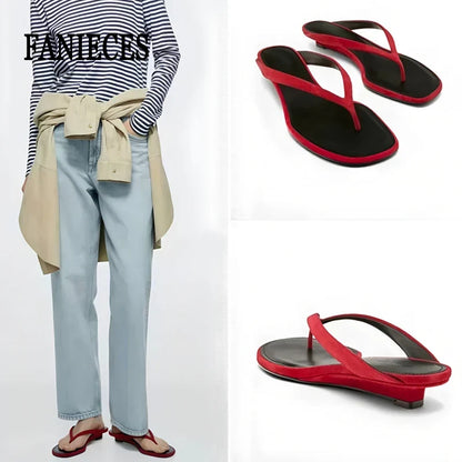 Women's Red Square-Toe Flip Flops - Low Heel Casual Summer Beach Mules