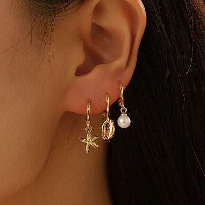 Ocean Style Asymmetric Earrings - Starfish Shell Pearl Zircon Stud Jewelry Gift for Women