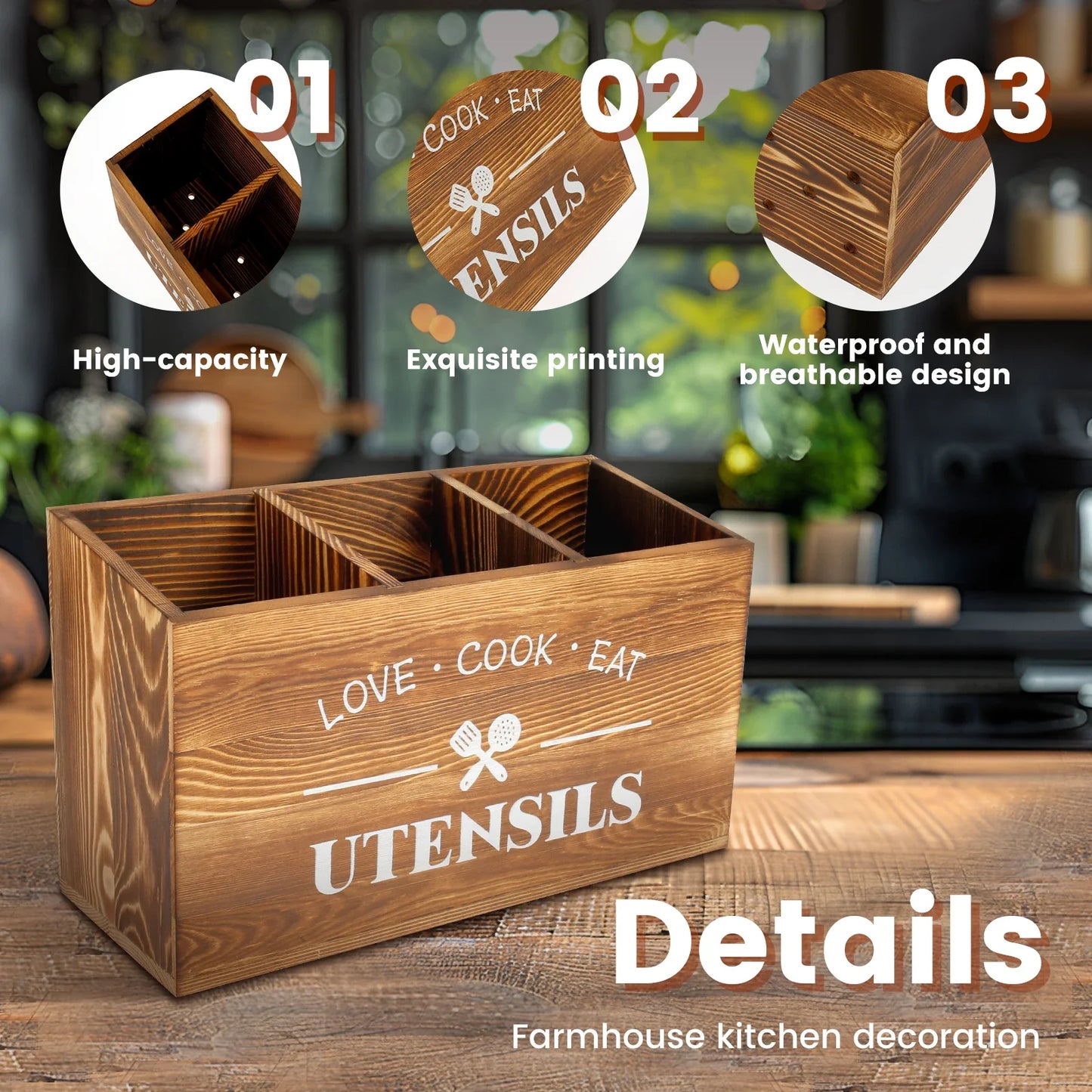 Wood Kitchen Utensil Holder & Organizer – Large Spoon, Fork & Silverware Storage Caddy Rack for Countertop Kitchen Tableware Storage Container