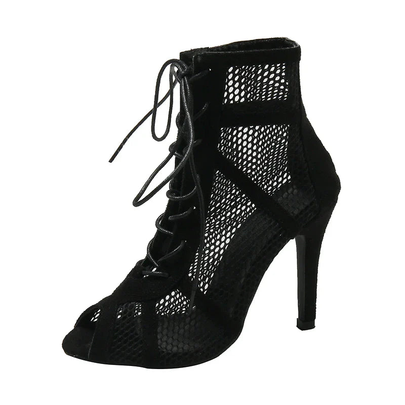 Sexy High Heel Mesh Sandals – Women's Summer Peep Toe, Cross-Tied Ankle Strap Dance Shoes, Black Hollow Design