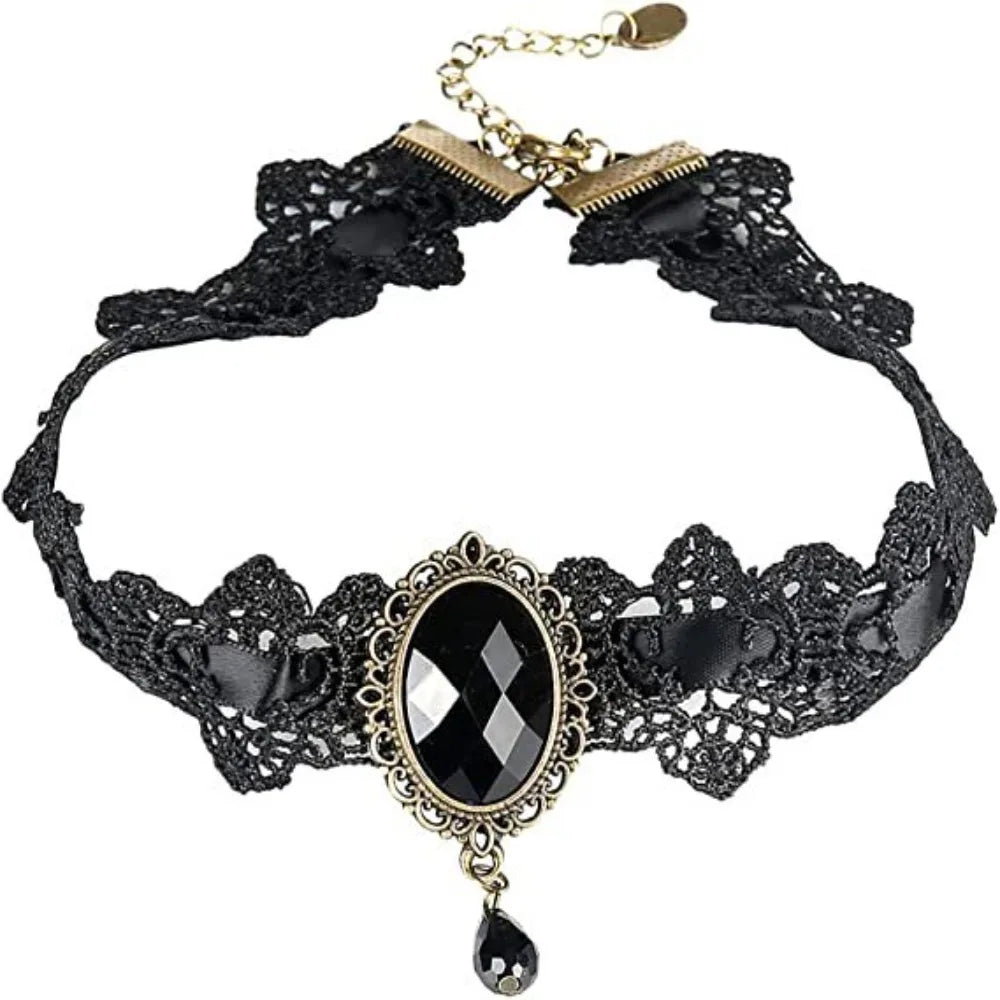 Vintage 925 Silver Gemstone Lace Pendant Necklace & Velvet Chain Choker with Matching Earrings – Elegant Fashion Jewelry Gift