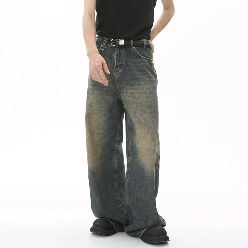 IEFB Men’s Summer Denim Jeans – Washed Blue Straight Loose Wide-Leg Casual Pants