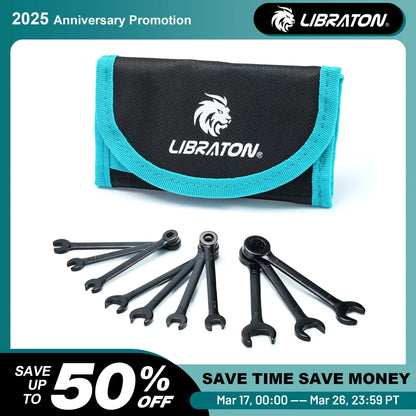 LIBRATON 10-Piece Mini Combination Wrench Set with Rolling Pouch – Metric & SAE Carbon Steel 4-11mm / 5/32"-7/16"