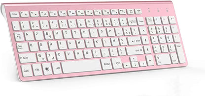 Wireless AZERTY Keyboard 2.4G USB — Ultra-Thin, Silent, Ergonomic French Keyboard for PC & Laptop, Pink/Grey/Silver
