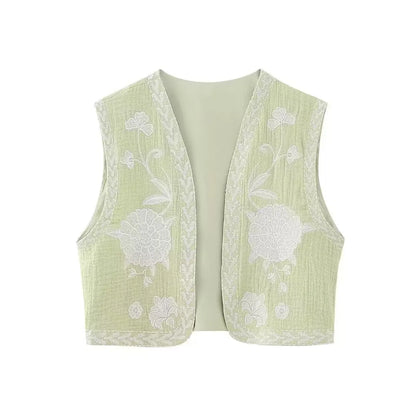 KEYANKETIAN Women's Vintage Floral Embroidered Open Waistcoat – National Style Vest Jacket, Casual Vacation Crop Top