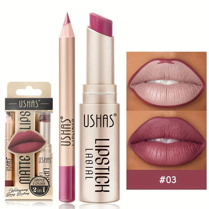 USHAS 12-Color Matte Lipstick & Lip Liner Set – Long-Lasting, Waterproof, Non-Stick Easy Coloring Lip Makeup Kit