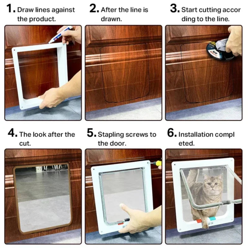 4 Way Security Lock Cat Flap Door: Controllable Switch, Transparent ABS Plastic Gate - Puppy Kitten Safety In&Out Pet Doors Kit
