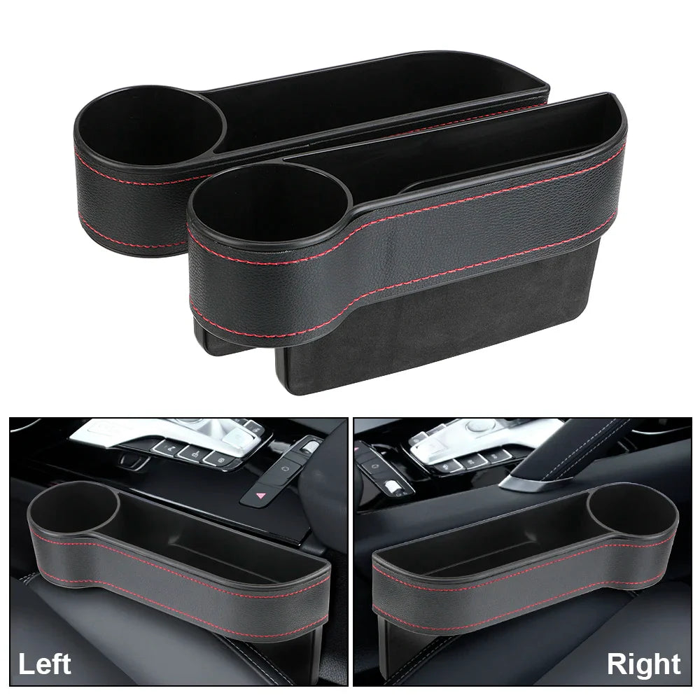 Car Seat Gap Organizer – Leather Auto Crevice Storage Box with Cup & Phone Holder, USB Option