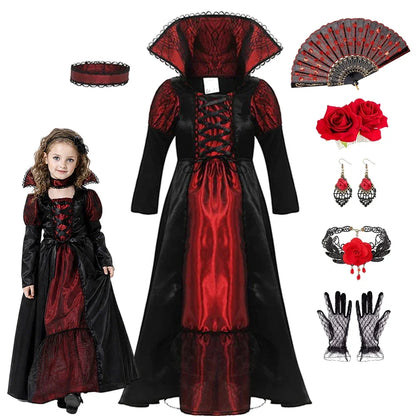 Girls Vampire Queen Costume - Black & Red Vintage Long Dress with Collar for Halloween & Cosplay