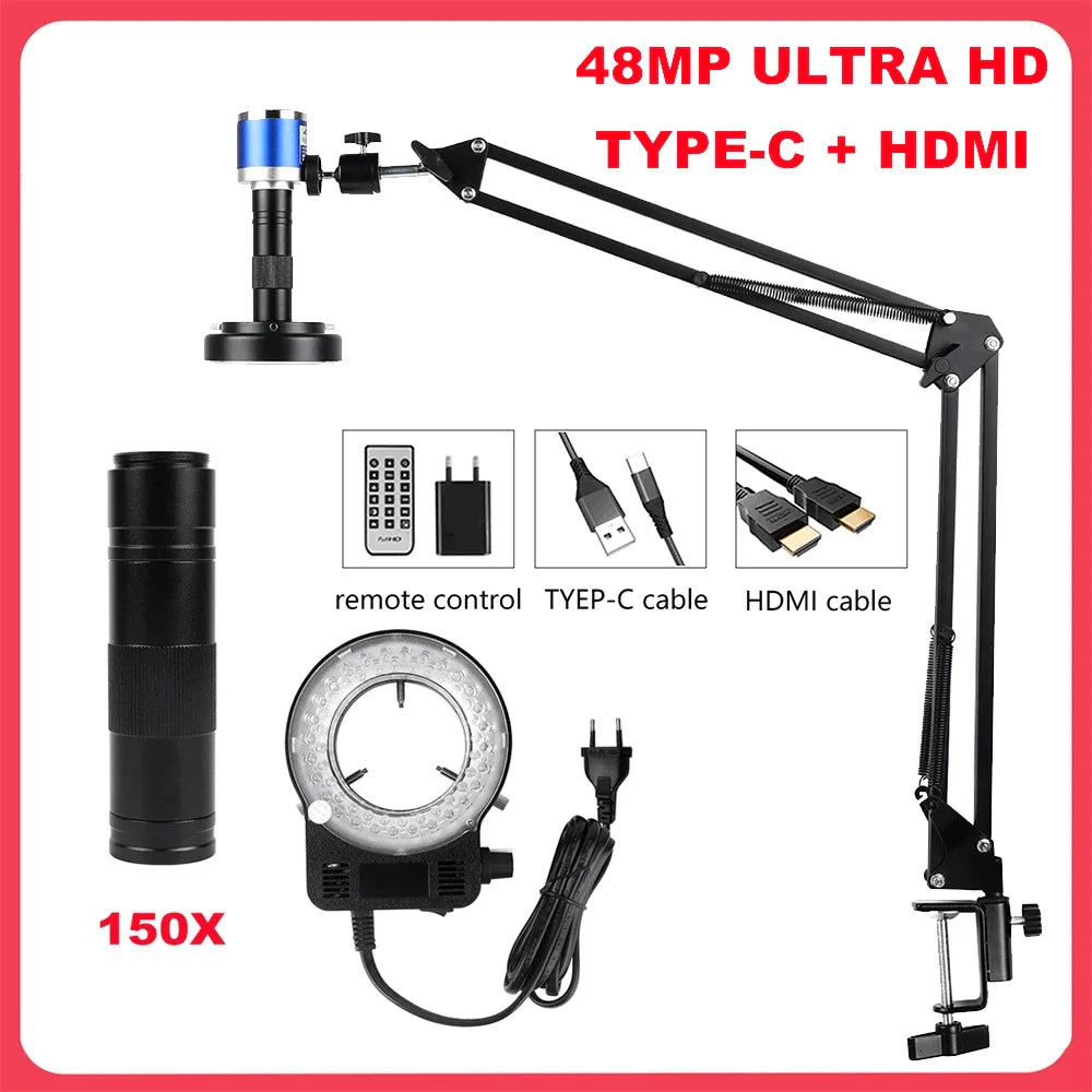 1080P 48MP 4K Digital Microscope – HDMI/USB/VGA Camera with 150X C-Mount & Articulated Arm for Repair