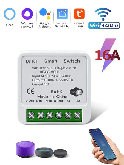 Tuya WiFi Smart Switch – 16A RF 433MHz Wireless Mini Round Button for Alexa & Google Home