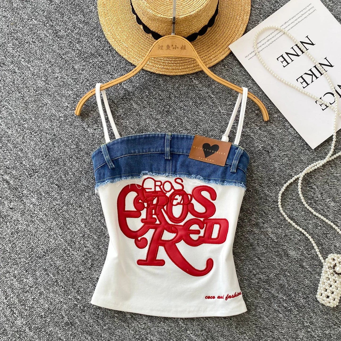 SINGREINY Y2K Denim Patchwork Crop Top — Women’s Retro Letter Embroidery Slim Streetwear Strap Top