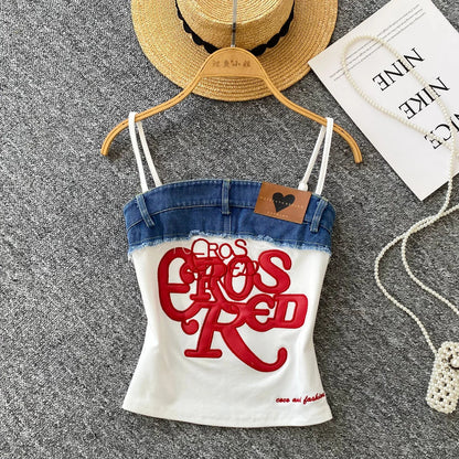 SINGREINY Y2K Denim Patchwork Crop Top — Women’s Retro Letter Embroidery Slim Streetwear Strap Top
